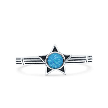 Star Petite Dainty Round Lab Created Blue Opal Promise Ring Band Oxidized Braided 925 Sterling Silver